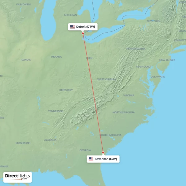 Savannah - Detroit direct flight map