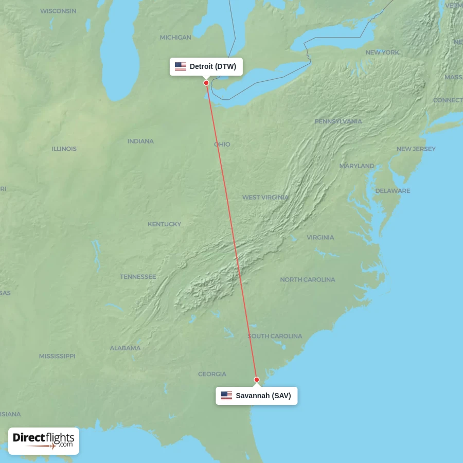 SAV - DTW route map