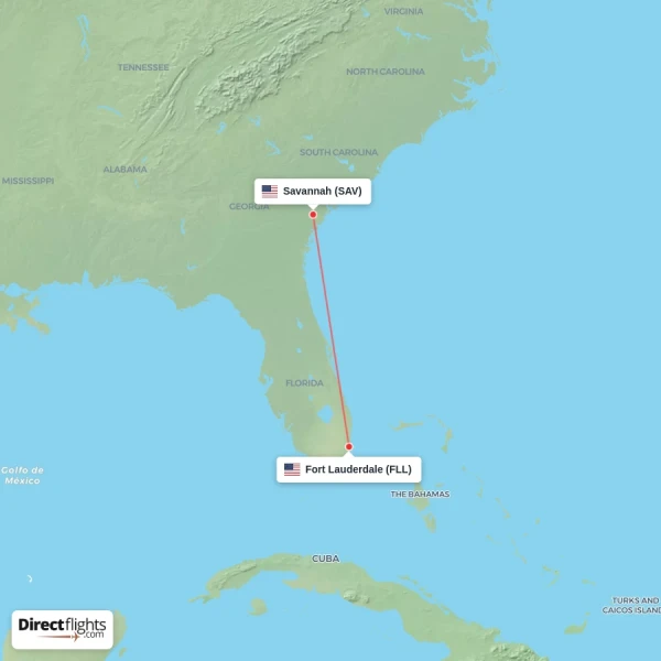Savannah - Fort Lauderdale direct flight map