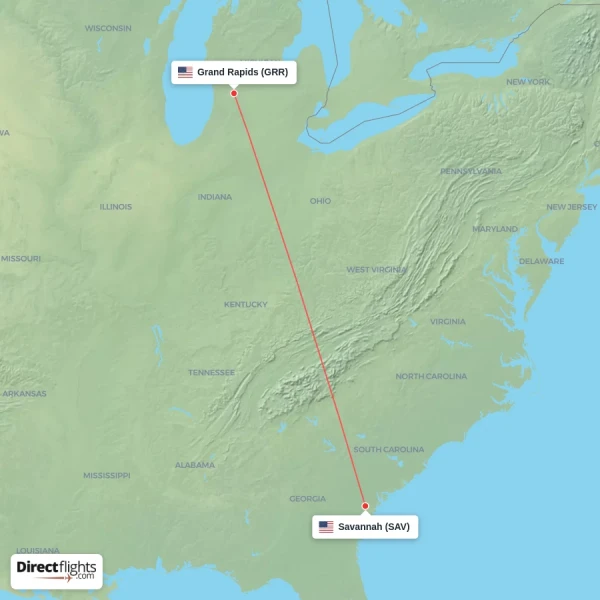 Savannah - Grand Rapids direct flight map