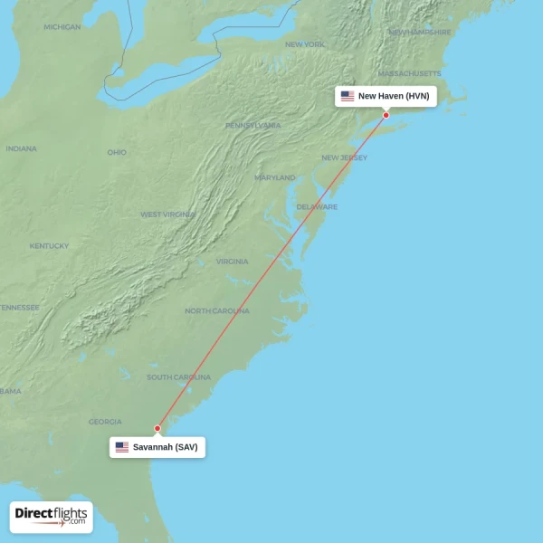 Savannah - New Haven direct flight map
