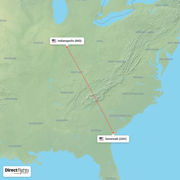 Savannah - Indianapolis direct flight map