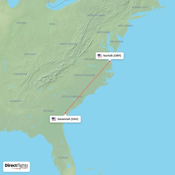 Savannah - Norfolk direct flight map