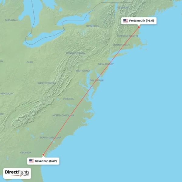 Savannah - Portsmouth direct flight map