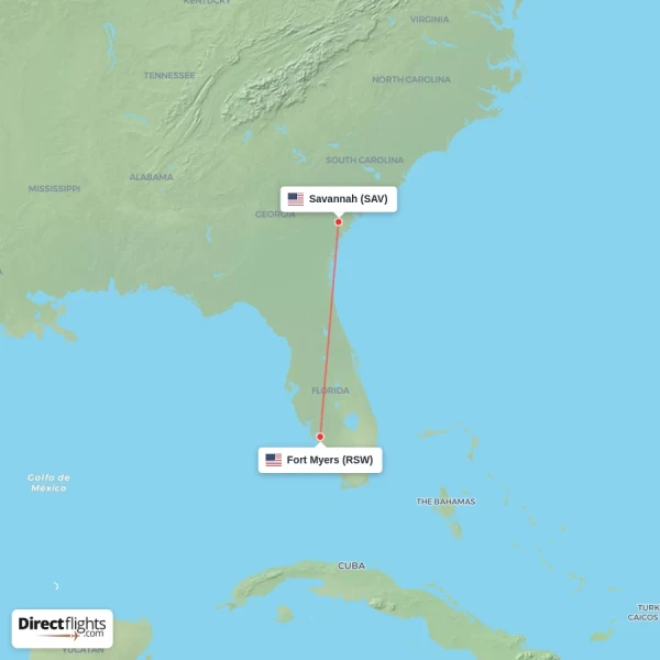 Savannah - Fort Myers direct flight map