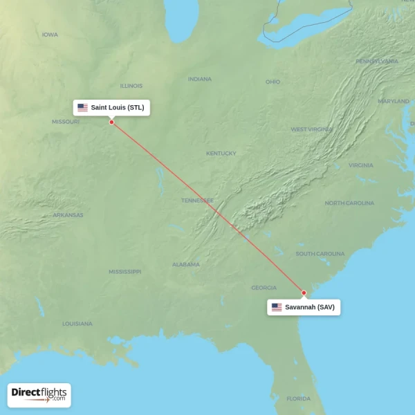 Savannah - Saint Louis direct flight map