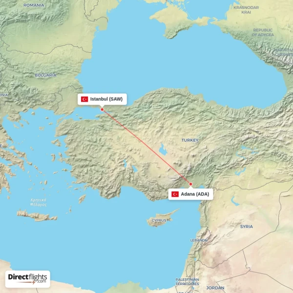 Istanbul - Adana direct flight map