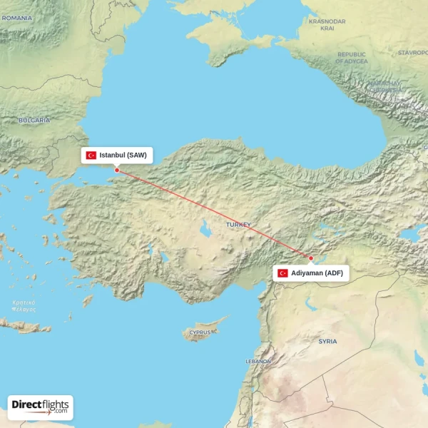 Istanbul - Adiyaman direct flight map