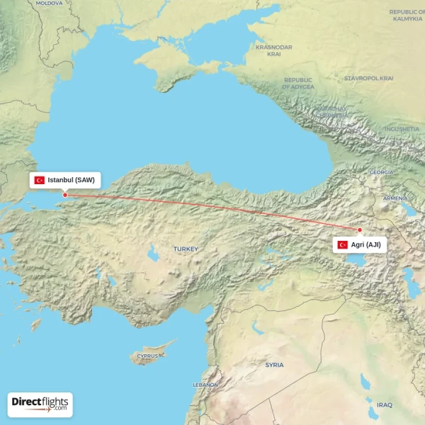 Istanbul - Agri direct flight map