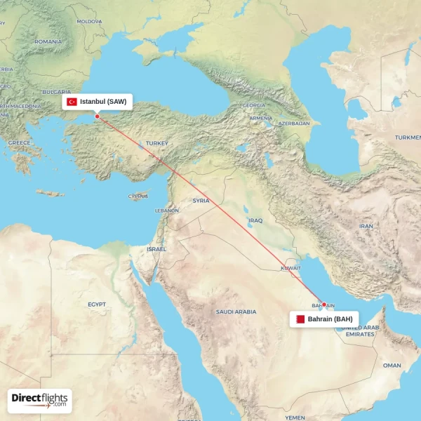 Istanbul - Bahrain direct flight map