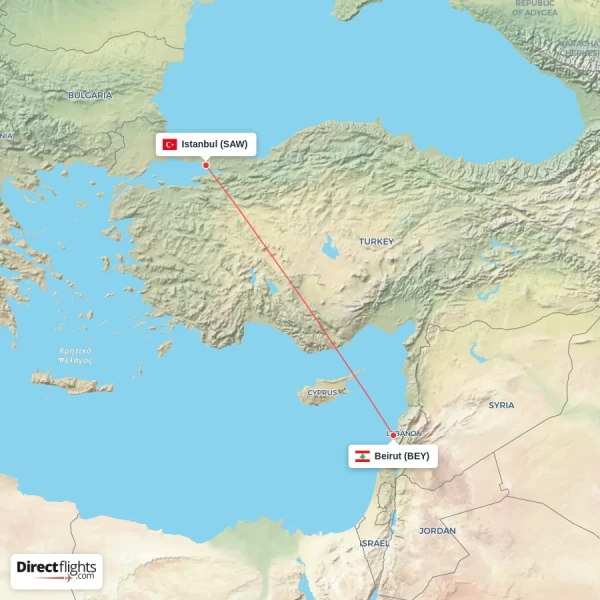 Istanbul - Beirut direct flight map