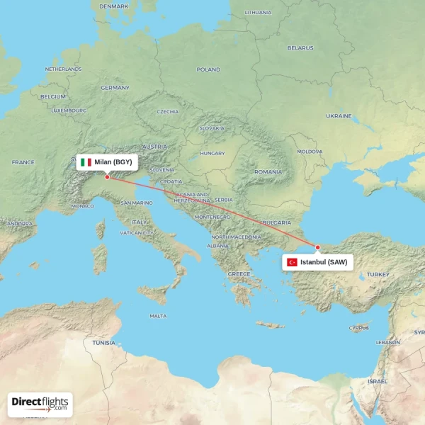 Istanbul - Milan direct flight map