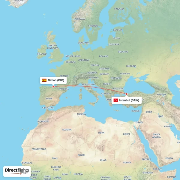 Istanbul - Bilbao direct flight map