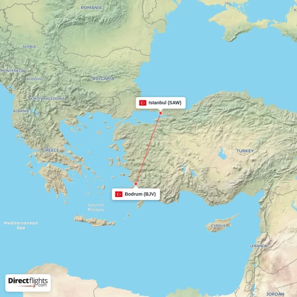 Istanbul - Bodrum direct flight map