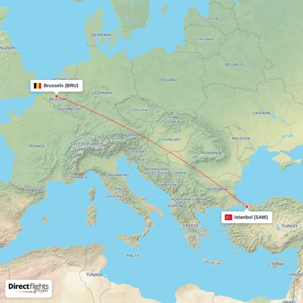 Istanbul - Brussels direct flight map