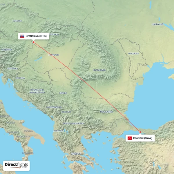 Istanbul - Bratislava direct flight map