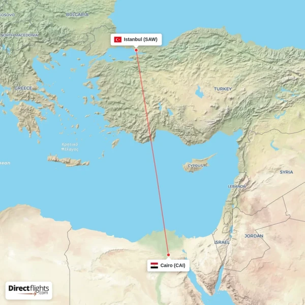 Istanbul - Cairo direct flight map
