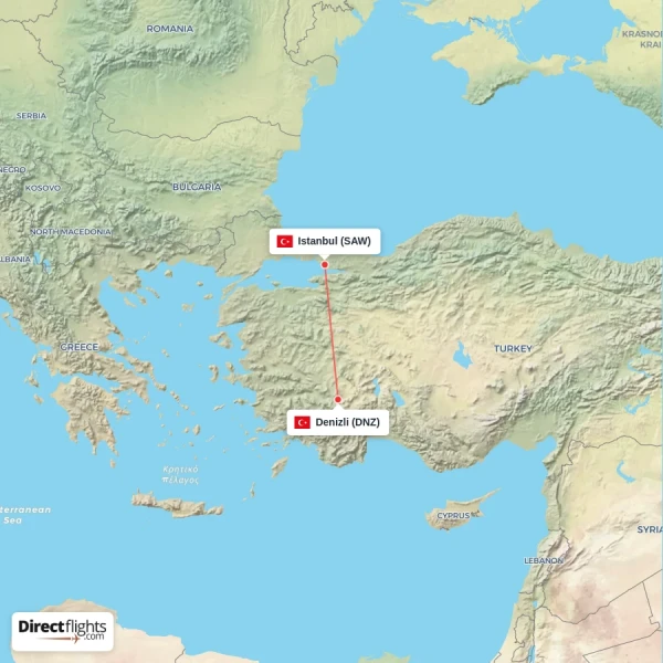 Istanbul - Denizli direct flight map