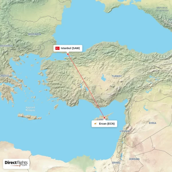 Istanbul - Ercan direct flight map