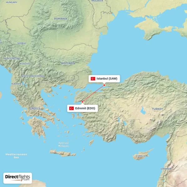 Istanbul - Edremit direct flight map