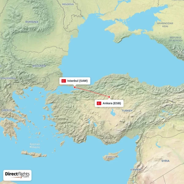 Istanbul - Ankara direct flight map