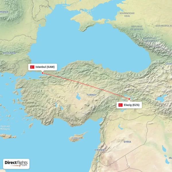 Istanbul - Elazig direct flight map