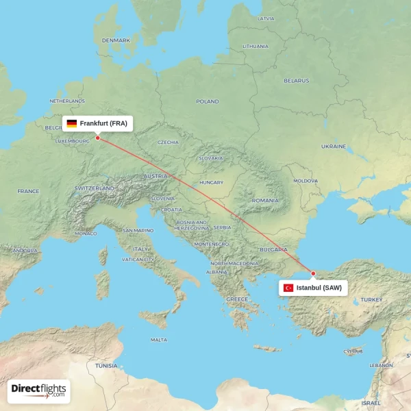 Istanbul - Frankfurt direct flight map