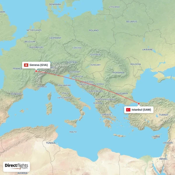 Istanbul - Geneva direct flight map