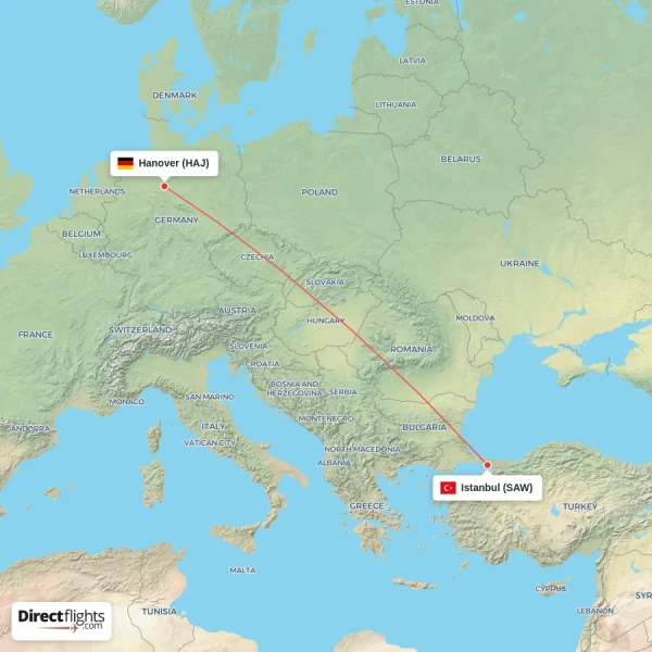 Istanbul - Hanover direct flight map