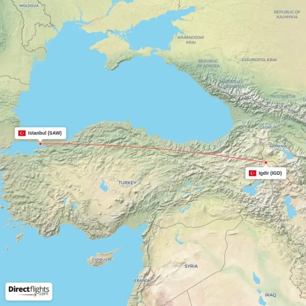 Istanbul - Igdir direct flight map