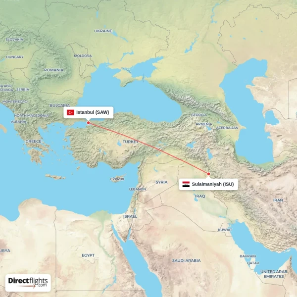 Istanbul - Sulaimaniyah direct flight map