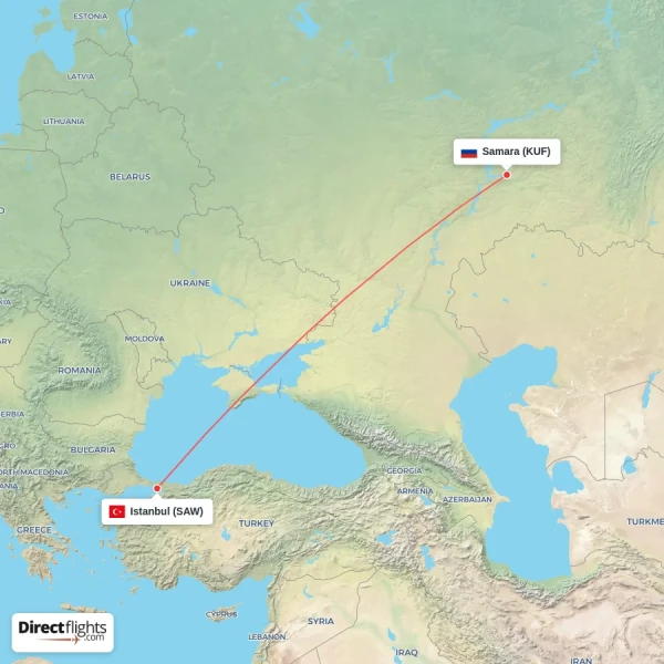 Istanbul - Samara direct flight map