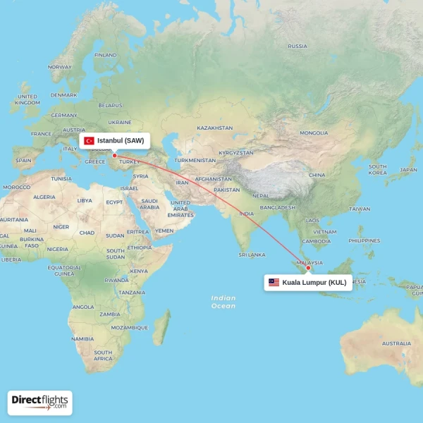 Istanbul - Kuala Lumpur direct flight map