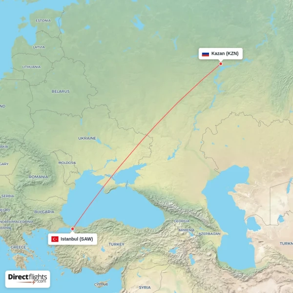 Istanbul - Kazan direct flight map