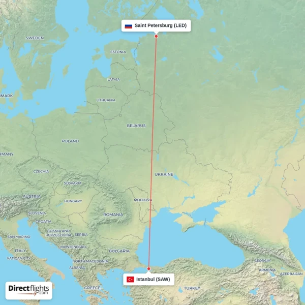 Istanbul - Saint Petersburg direct flight map