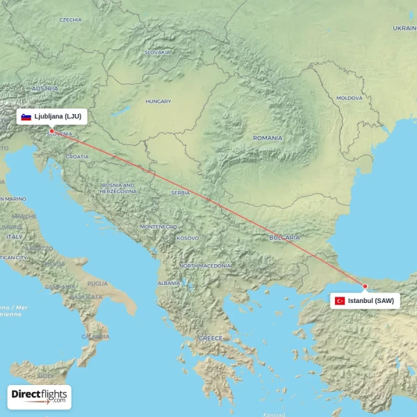 Istanbul - Ljubljana direct flight map