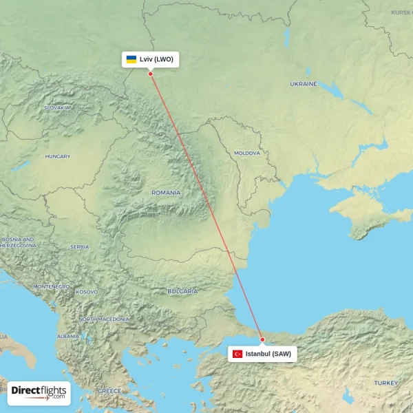 Istanbul - Lviv direct flight map