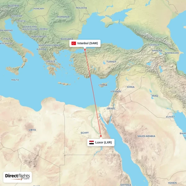 Istanbul - Luxor direct flight map