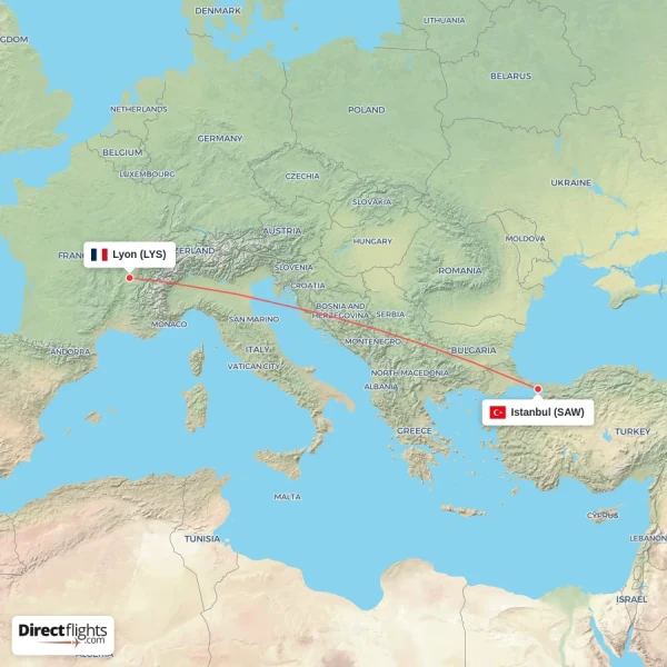Istanbul - Lyon direct flight map