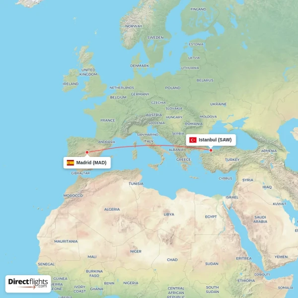 Istanbul - Madrid direct flight map