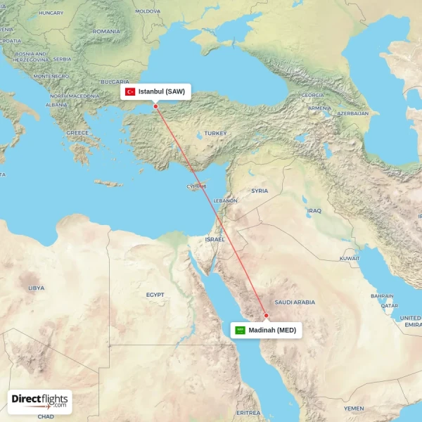Istanbul - Madinah direct flight map