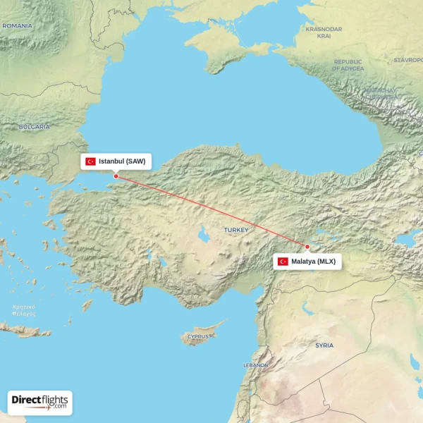 Istanbul - Malatya direct flight map