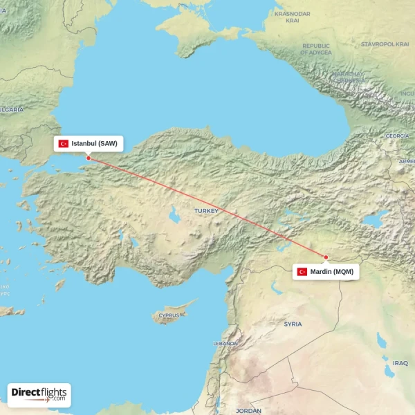 Istanbul - Mardin direct flight map