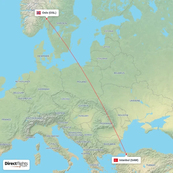 Istanbul - Oslo direct flight map