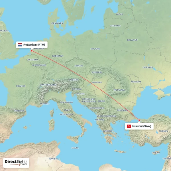 Istanbul - Rotterdam direct flight map
