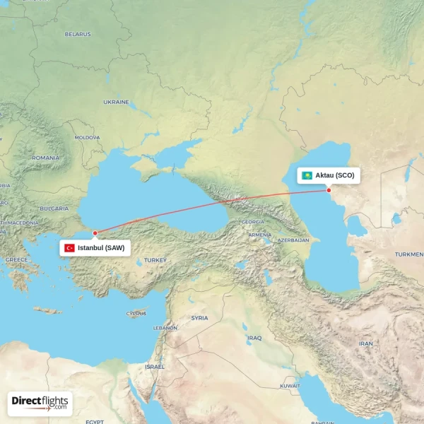 Istanbul - Aktau direct flight map