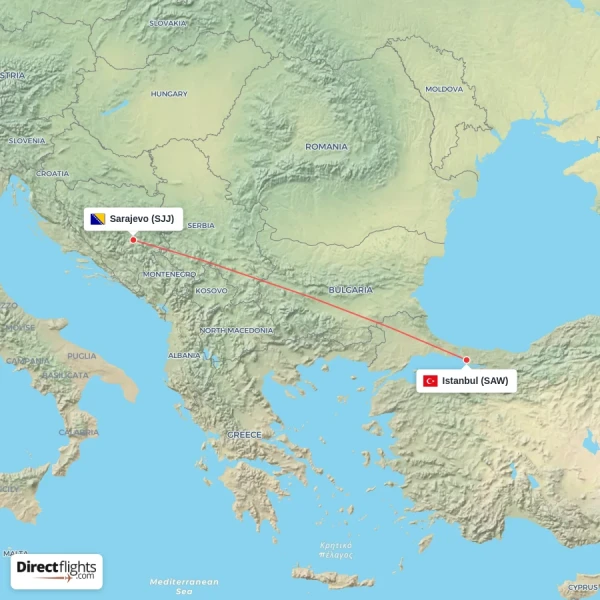 Istanbul - Sarajevo direct flight map