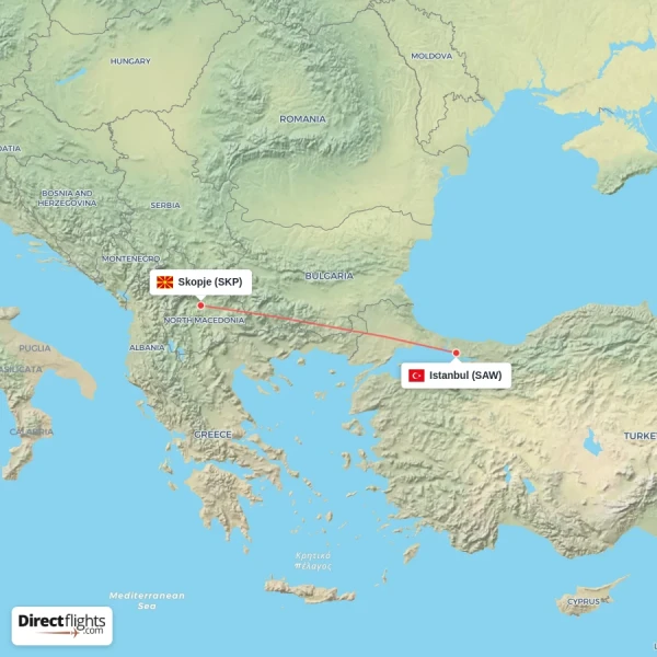 Istanbul - Skopje direct flight map