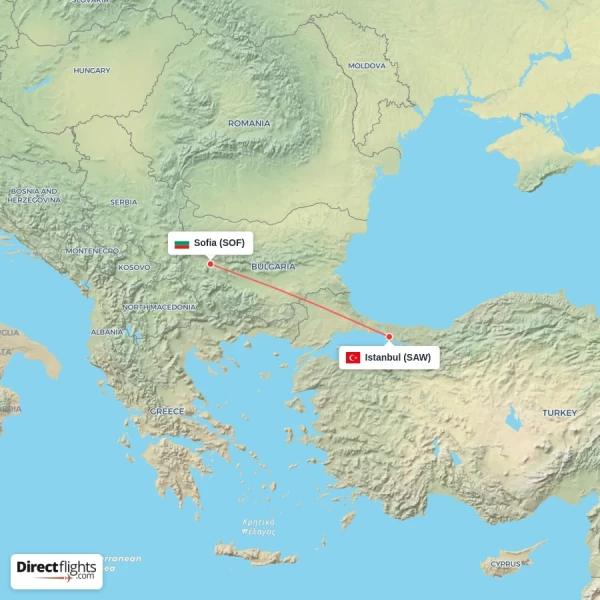 Istanbul - Sofia direct flight map