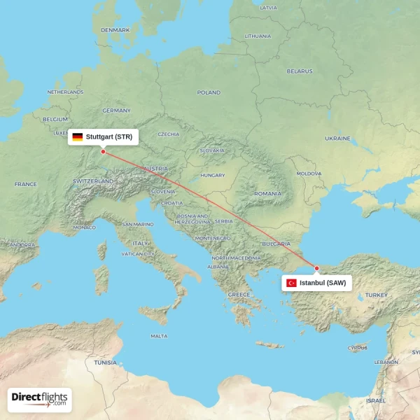 Istanbul - Stuttgart direct flight map
